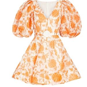 ZIMMERMANN POSTCARD SILK-LINEN PUFF SLEEVE MINI DRESS